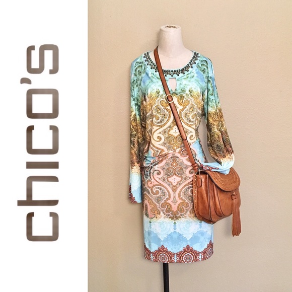 Chico's Dresses & Skirts - Chico’s Turquoise and Gold Medallion Print Dress